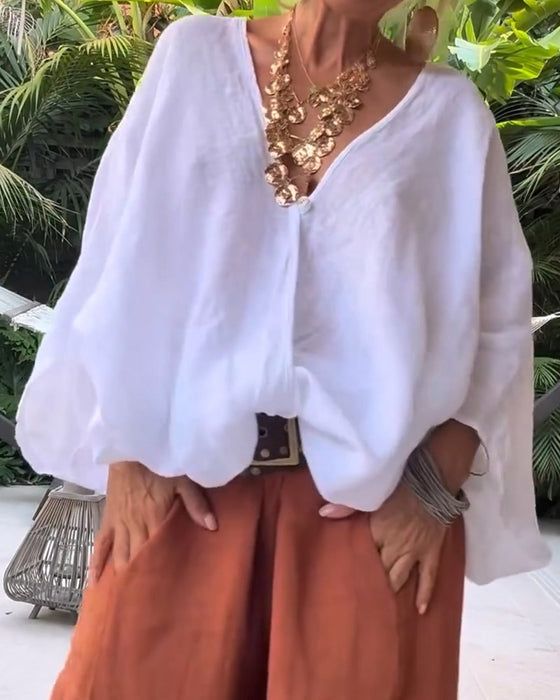 V-Neck Asymmetric Solid Relaxed Blouse