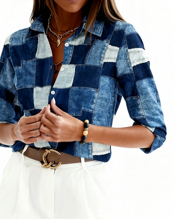 Checkered Print Color-Blocking Shirt