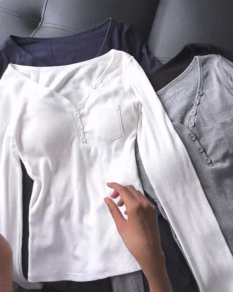 Ribbed Henley Pocket Long Sleeve Top