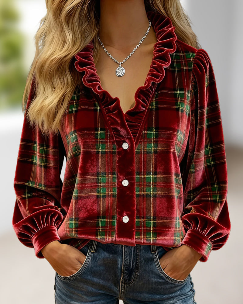 Ruffled V-Neck Velvet Top