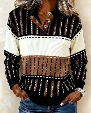 Button Colorblock Striped Pitted Sweatshirt