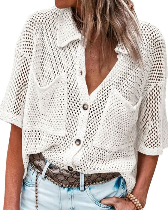 Lapel Hollow Mesh Cardigan