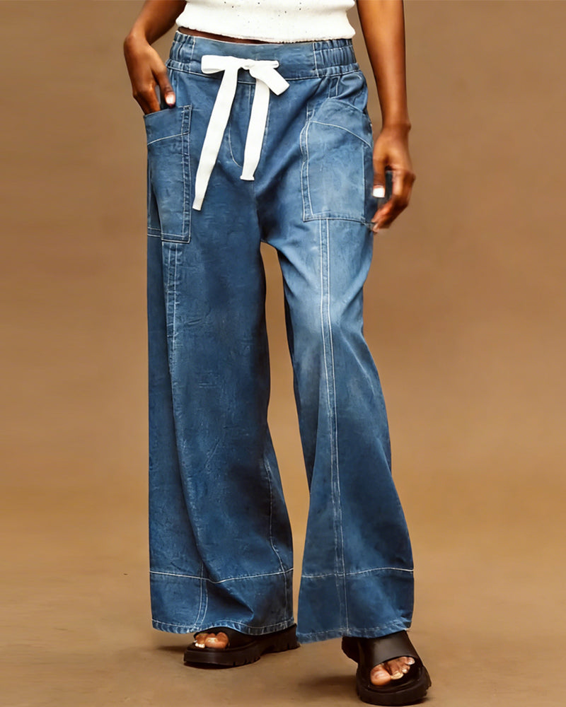 Drawstring Large Pocket Wide-Leg Jeans
