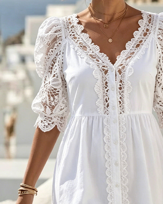 Puff Sleeve Lace Short White Dress