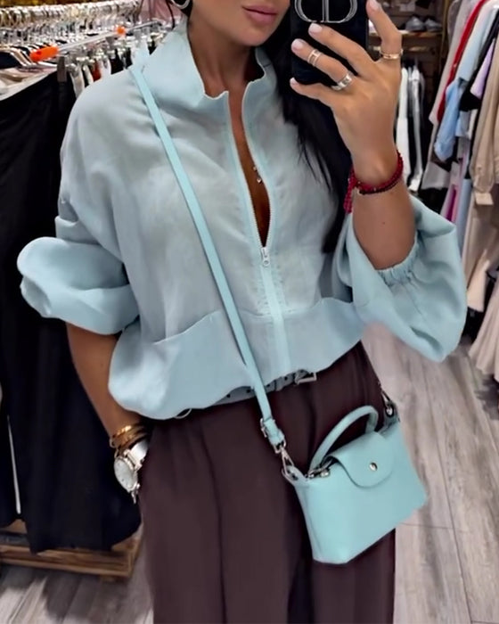 Solid Color High Collar Zipper Coat