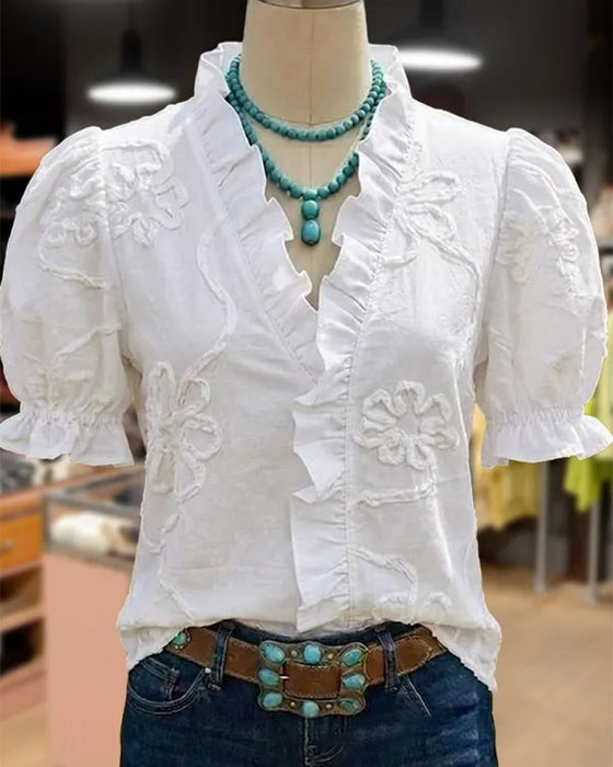 V-Neck Ruffle Trim Puff Sleeve Blouse