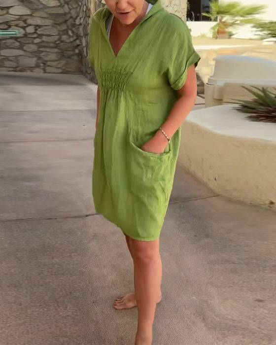 Solid color pleated pocket casual dress