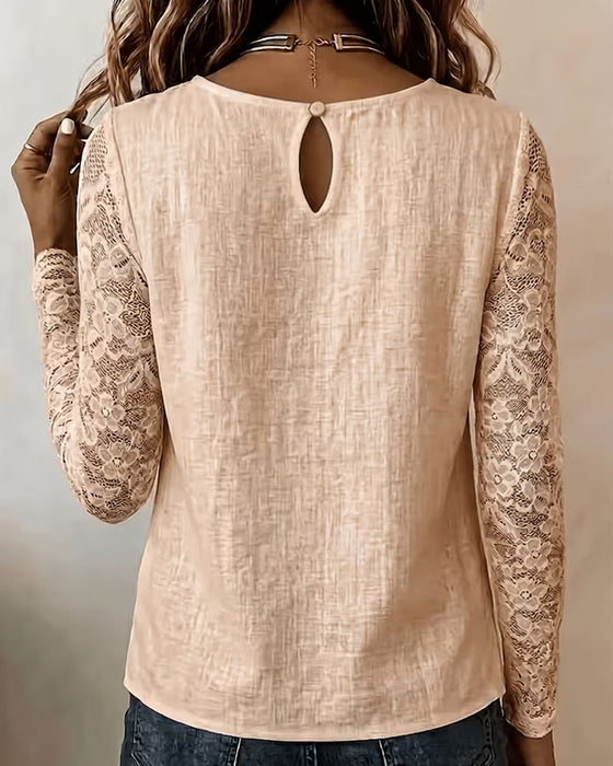Round Neck Buttoned Lace Patchwork Long-Sleeved Blouse