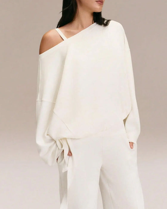 One-Shoulder Drawstring Loose Sweatshirt