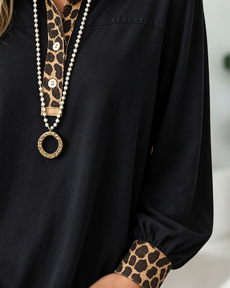 Leopard Print Lapel Patchwork Button Top