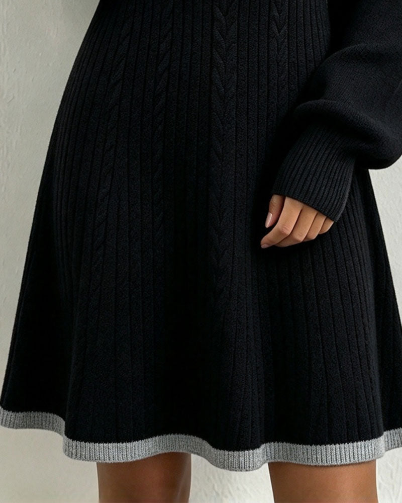 V-Neck Buttoned Contrast Sweater Dress