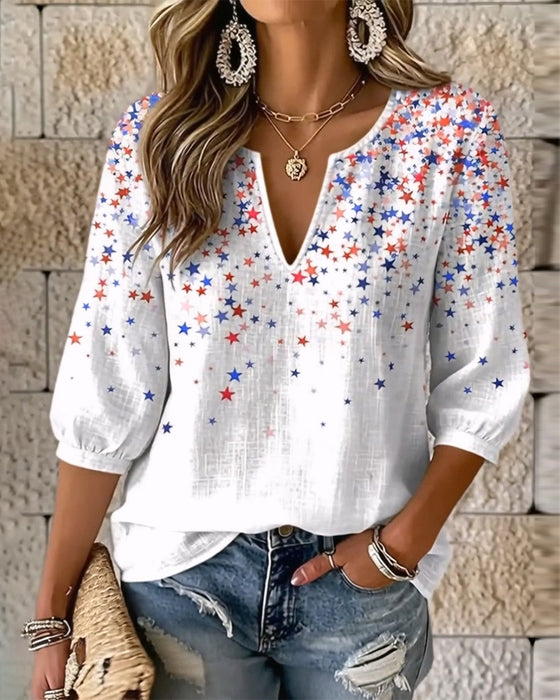 V-Notch Neck Star Print Blouses
