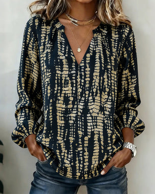 Stand-Collar Long-Sleeved Printed Top