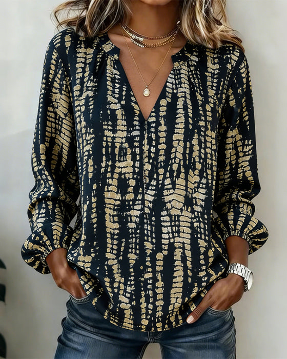 Stand-Collar Long-Sleeved Printed Top