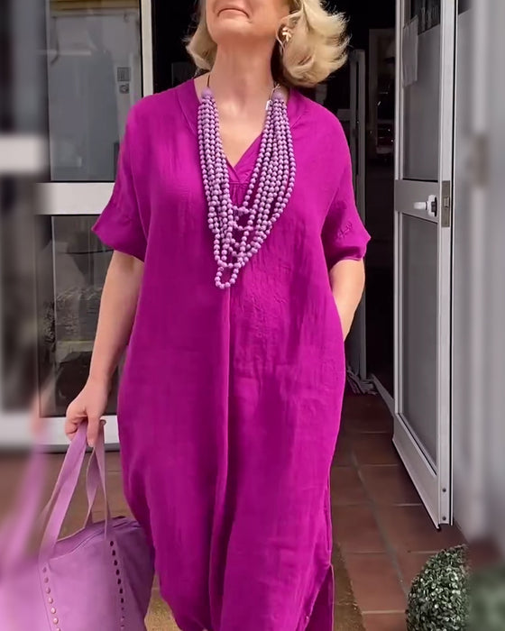 V-Neck Solid Color Simple Long Dress
