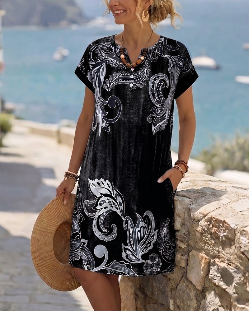 V-Neck Half Placket Print Dress