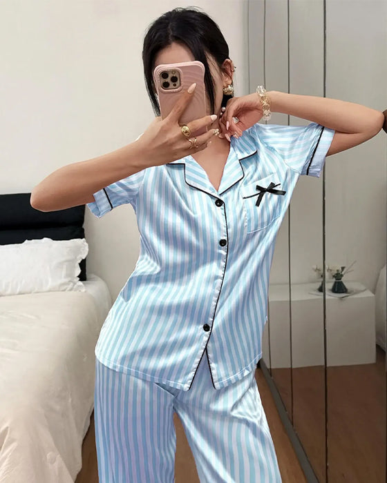 Striped Shirt Collar Bow Pajama Set