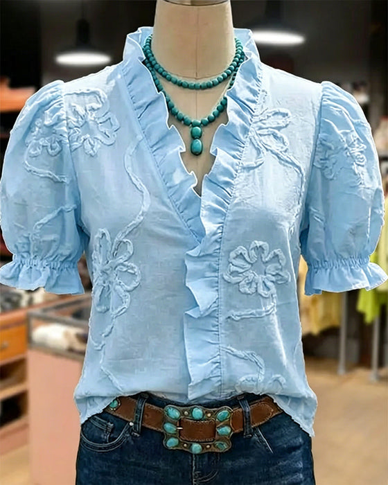 V-Neck Ruffle Trim Puff Sleeve Blouse