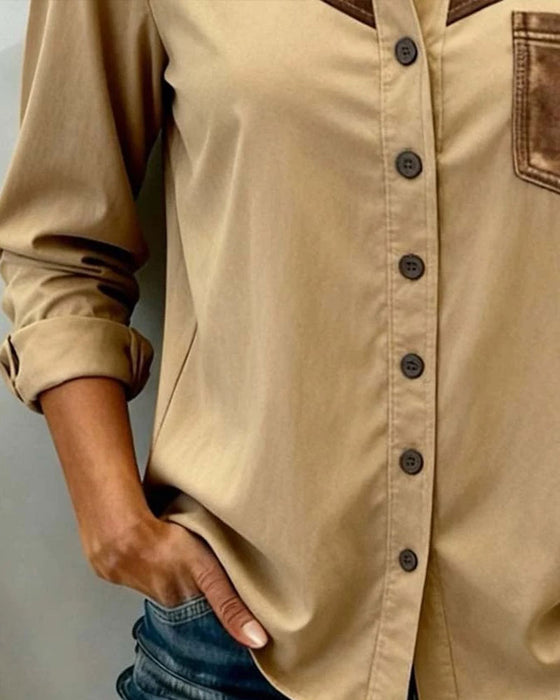 Splicing Lapel Long Sleeve Shirt
