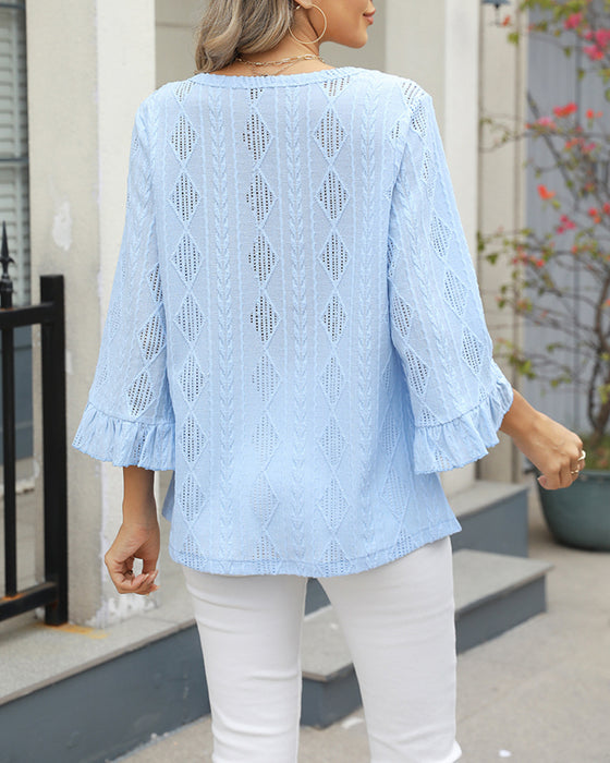 Diamond Check Hollow Trumpet Sleeve Top