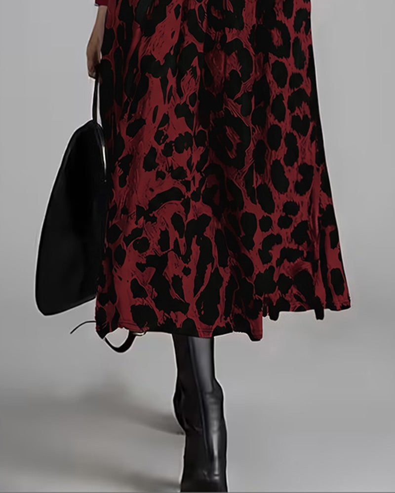 Crew Neck Leopard Full Skirt Dress
