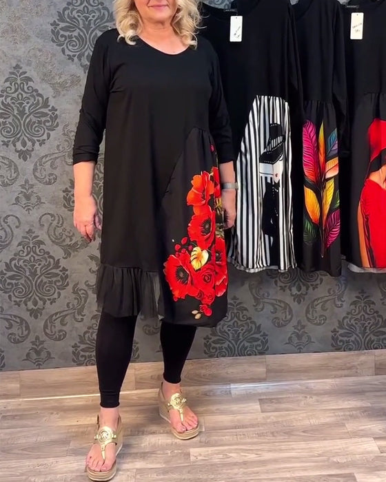 Spliced mesh floral print casual dress