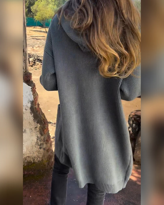 Casual solid color button pocket hooded cardigan