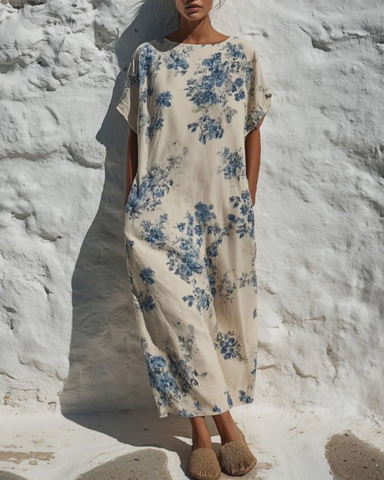 Crew Neck Vintage Blue Floral Dress