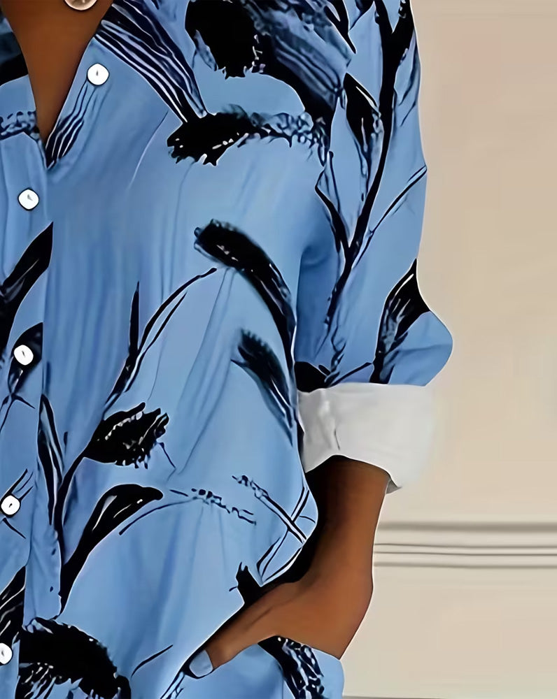 Ink Wash Floral Print Long-Sleeved Shirt