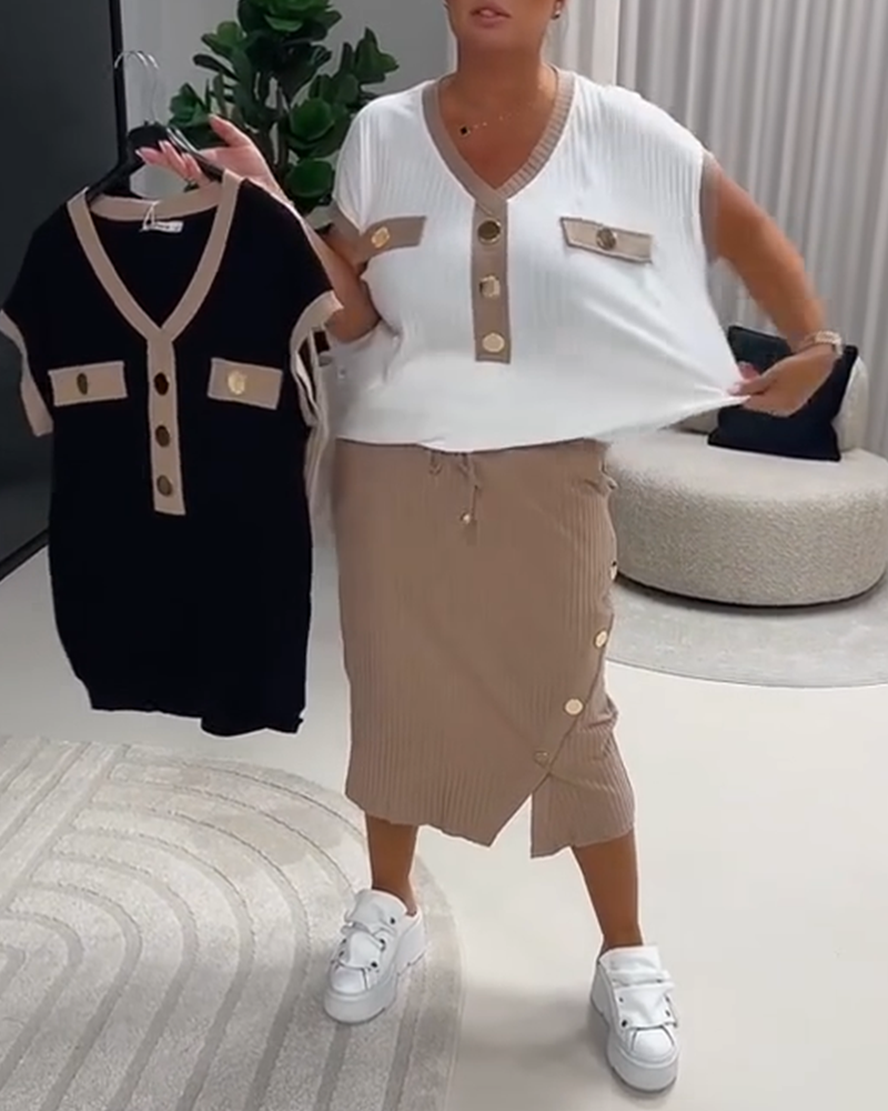 V-Neck Fashion Ribbed Button T-Shirt