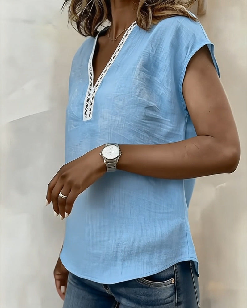 V-Neck Openwork Cotton and Linen T-Shirt