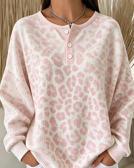 Crew-Neck Button-Down Leopard Casual Sweatshirt