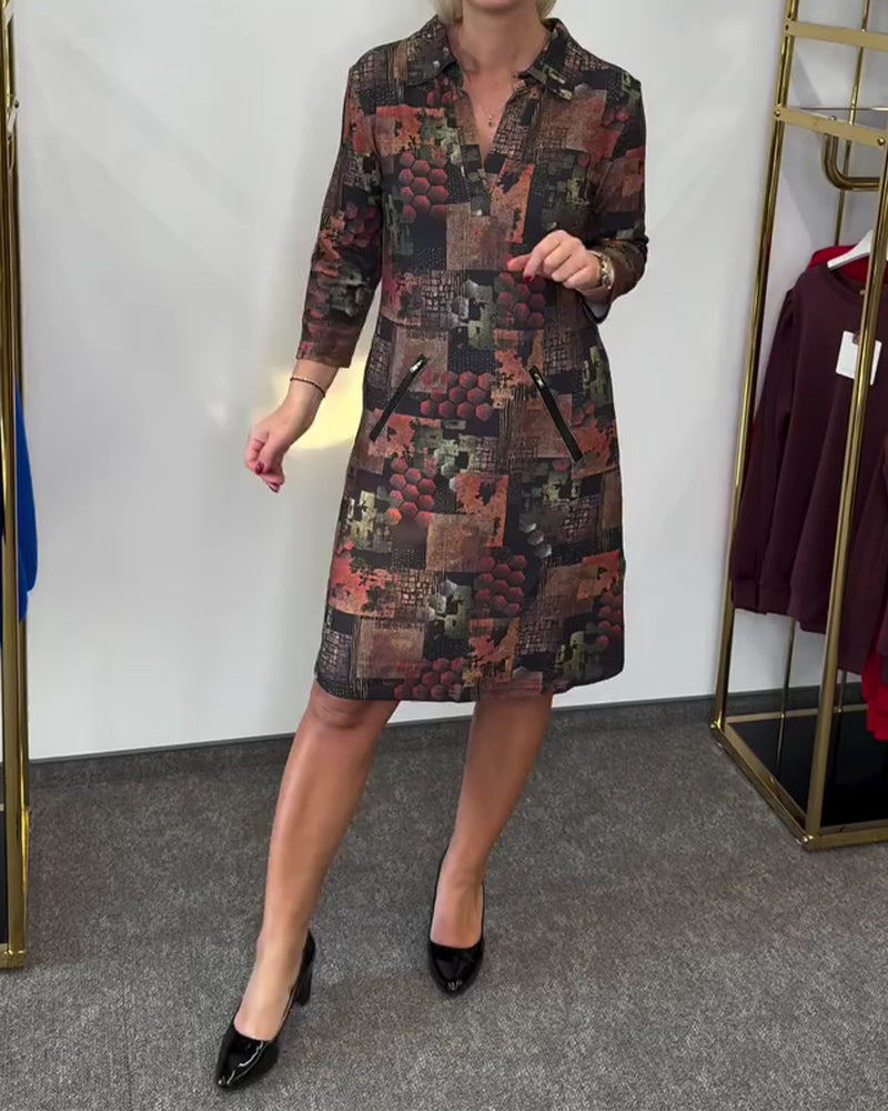 Lapel Vintage Print Short-Sleeved Dress