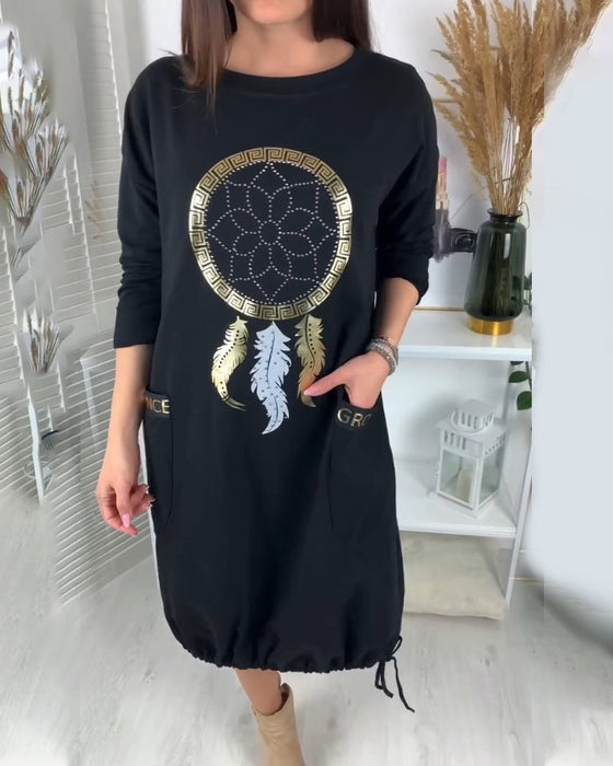 Drawstring round neck pockets dress