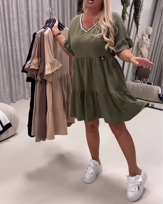 V-Neck Ruffle Sleeve A-Line Dress