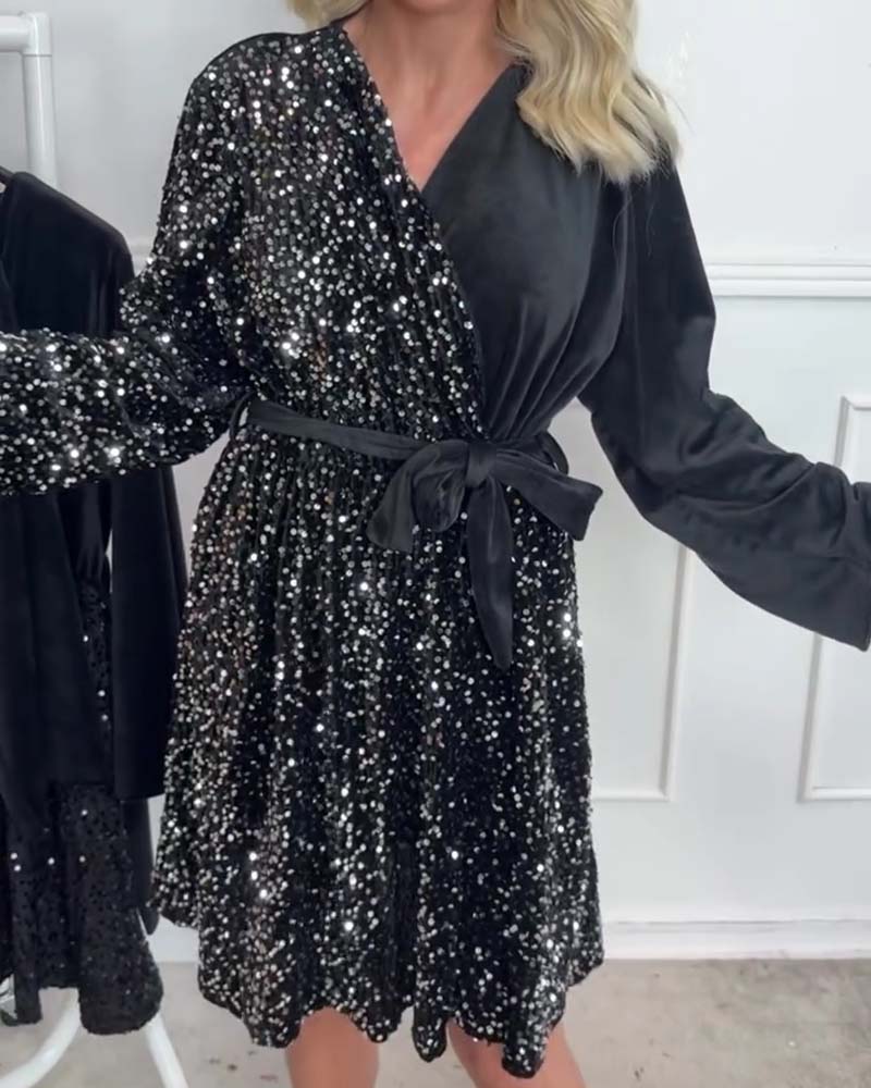 Sequin Patchwork V-Neck Dress