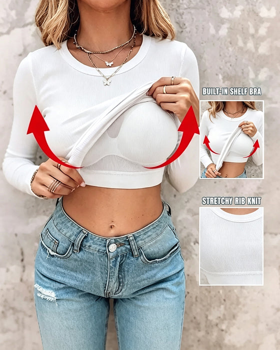Crew Neck Solid Built In Bra Top