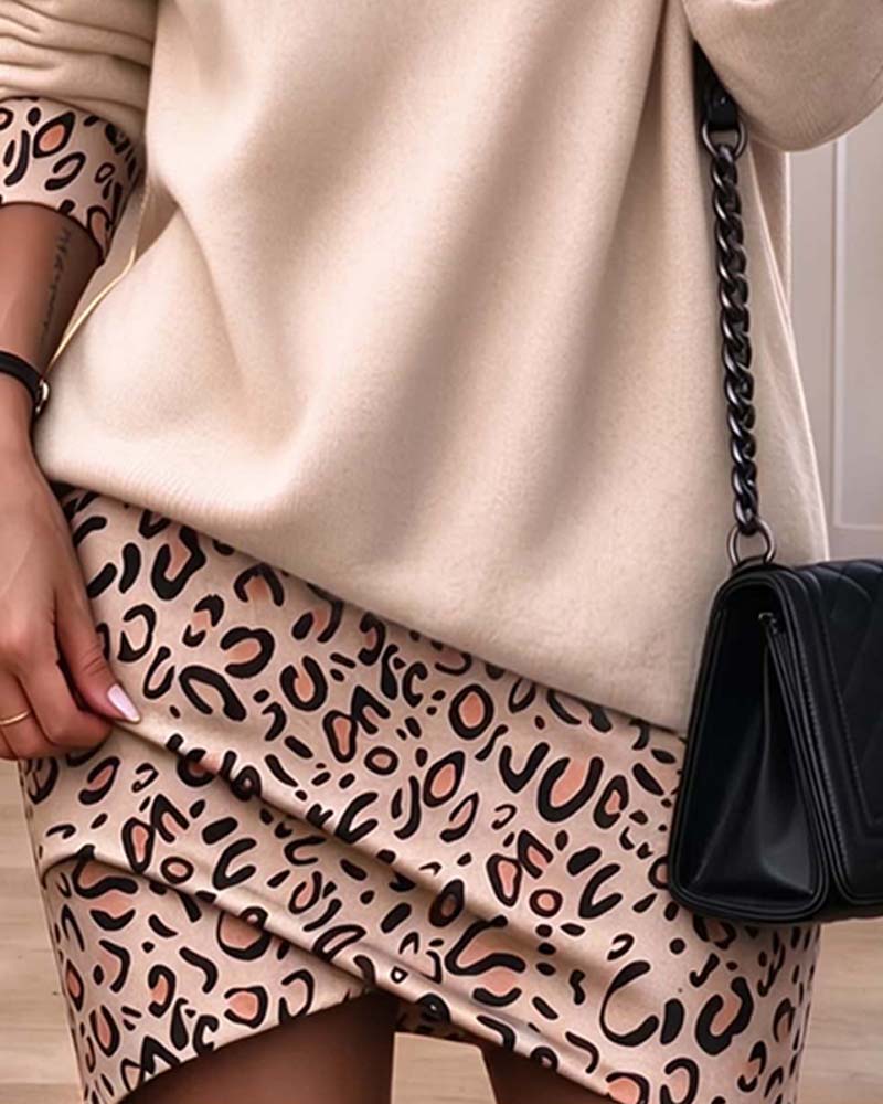 High Collar Leopard Print Slim Dress