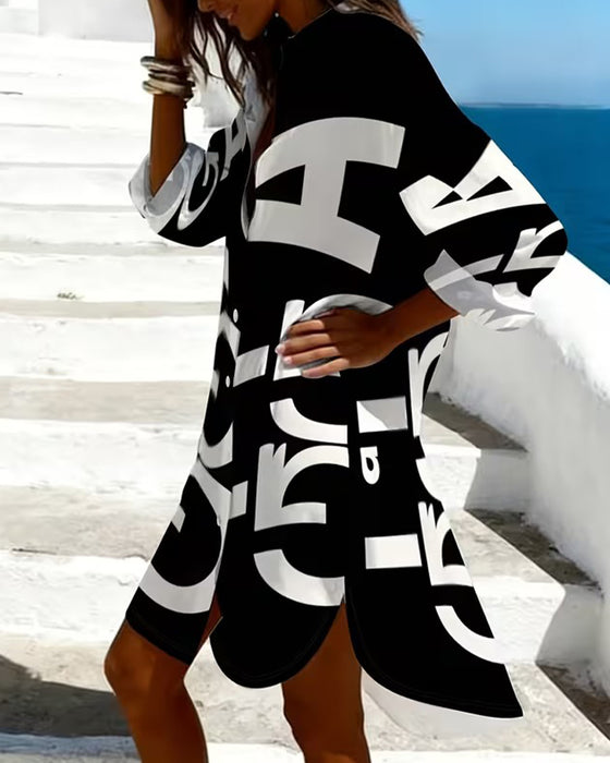 Letter Print Button Long Sleeve Dress
