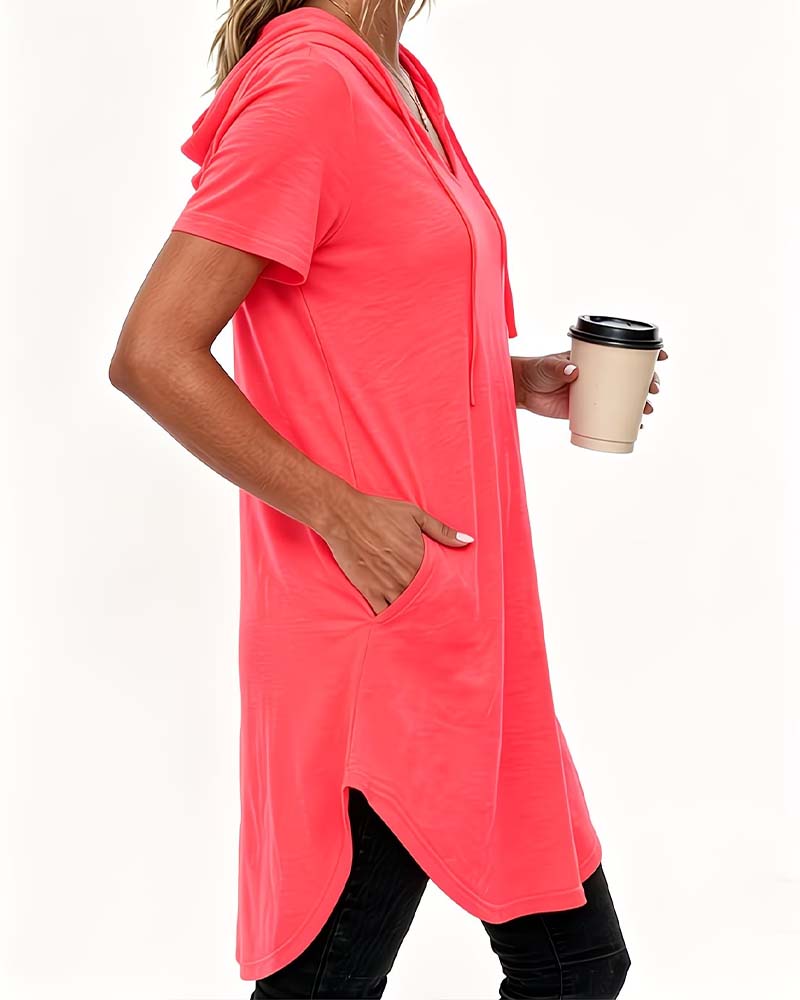 Irregular Side Pocket Drawstring Hooded T-Shirt