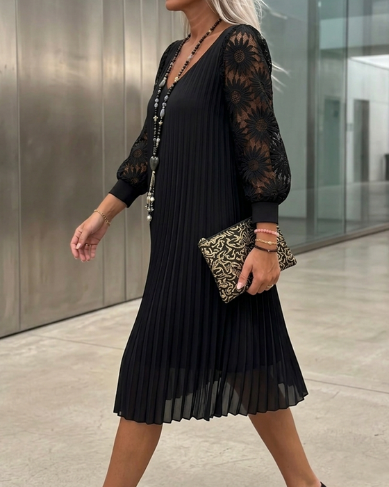 Lace Patchwork V-Neck Ruched Dress
