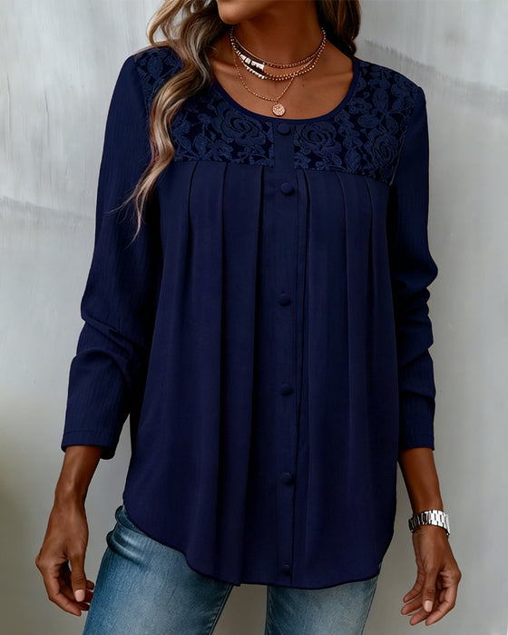 Long-Sleeved Loose-Fitting Pleated Top