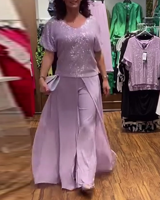 V-neck short-sleeved loose sequined blouse