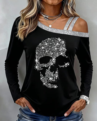 Off-The-Shoulder Skull Print Long-Sleeved Top