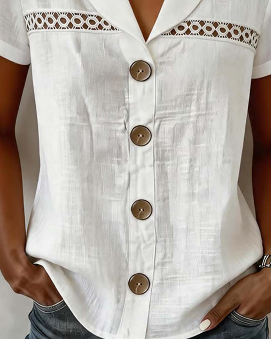 V-Neck Button Cutout Solid Blouse