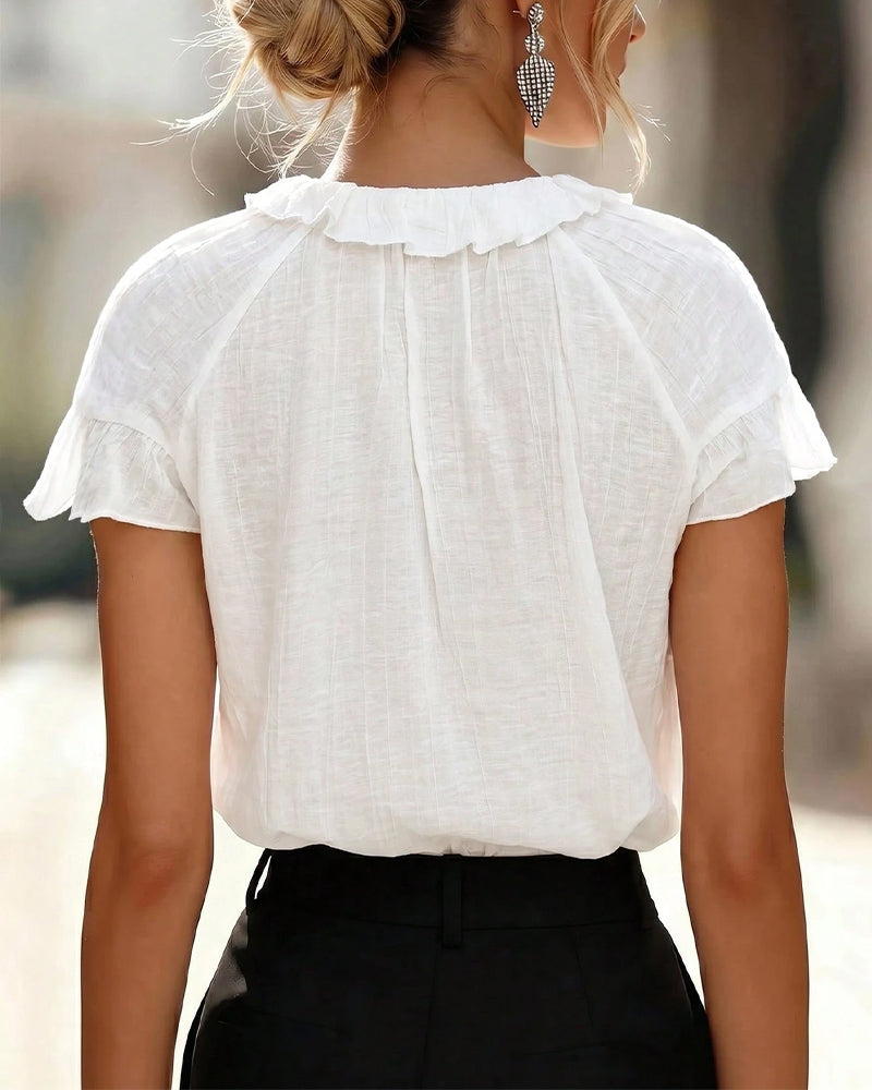 Tie-Up Ruffled Short-Sleeve Blouse