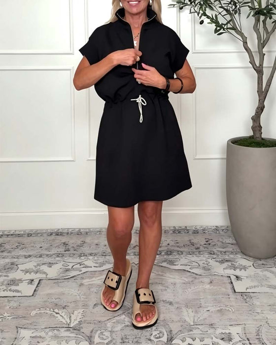 Zipper Drawstring Waist Casual Dress