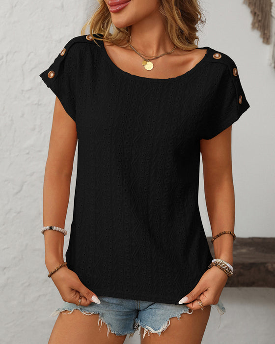 Round Neck Button Cutout Short Sleeve Blouse