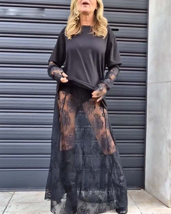 Two-piece set - solid color T-shirt and lace skirt