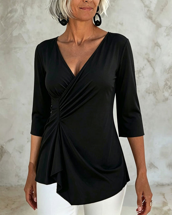 V-Neck Draped Irregular Blouse